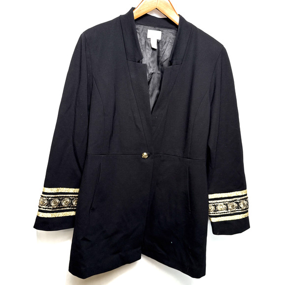 Chico’s Size 3 Black Blazer Gold Embroidered Embellished One Button w/ Pockets - Picture 1 of 11